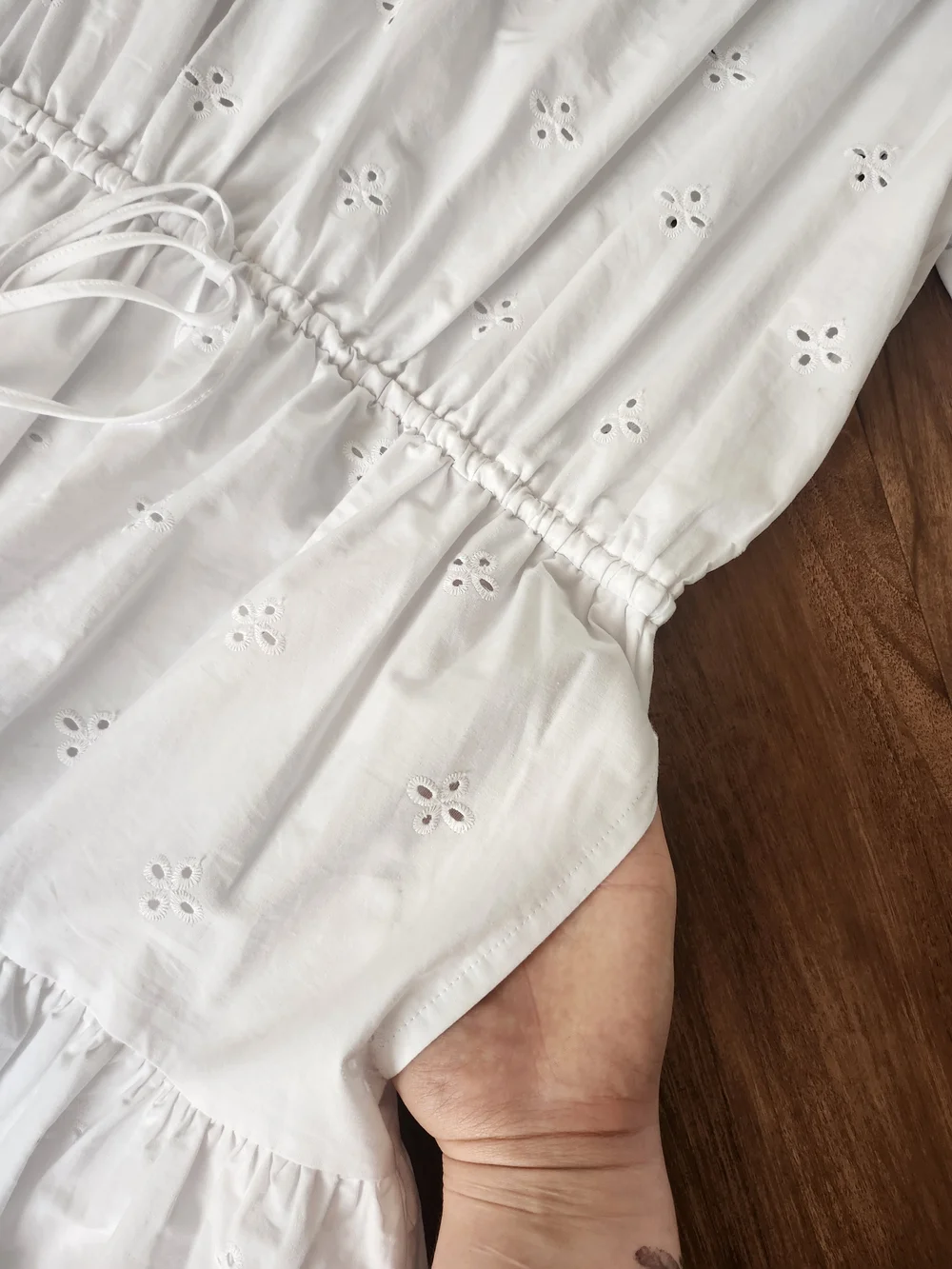 Women’s White Eyelet Tiered Mini Dress with Drawstring Waist 100% Cotton - Picture 13 of 13